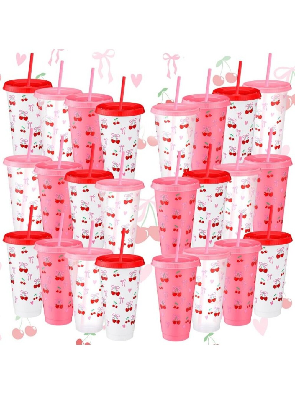 24 Pcs Pink Bow Cherry Tumblers with Lids & Straws - 24 oz Plastic Drinkware Set